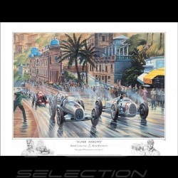 Affiche "Silver Arrows" Caracciola Rosemeyer GP Monaco 1936 dessin original de Benjamin Freudenthal