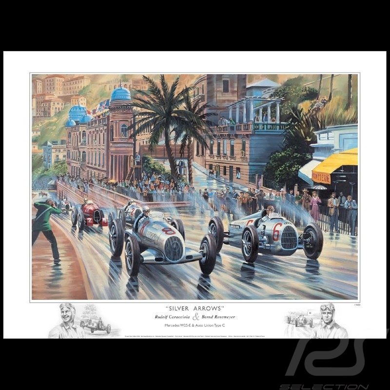Affiche "Silver Arrows" Caracciola Rosemeyer GP Monaco 1936 dessin original de Benjamin Freudenthal