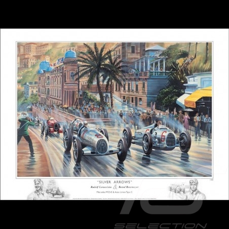 Poster "Silver Arrows" Caracciola Rosemeyer GP Monaco 1936 original design by Benjamin Freudenthal