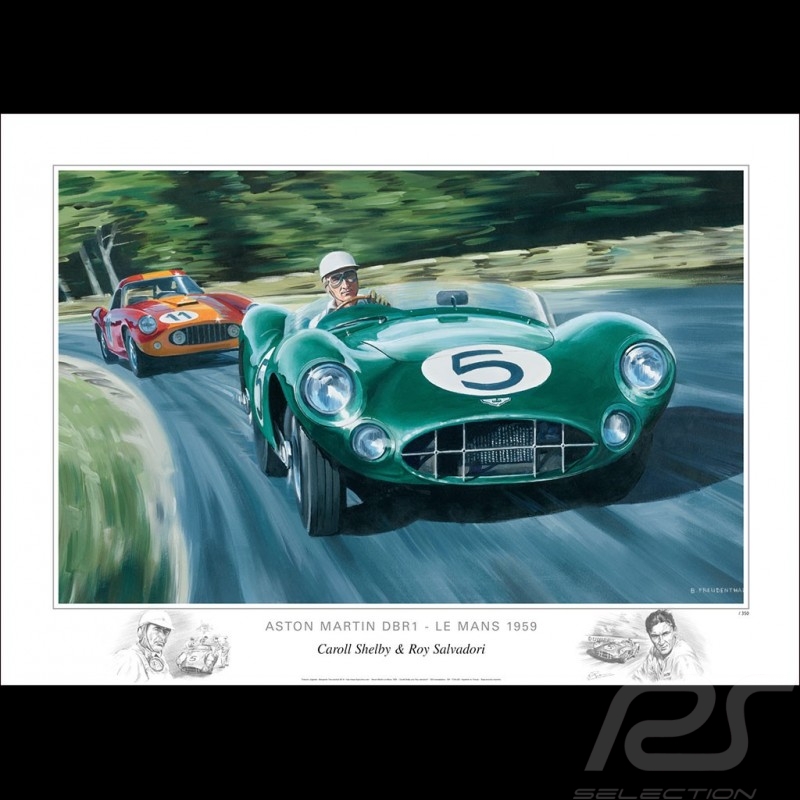 Poster Aston Martin DBR1 24h Le Mans 1959 Shelby Salvadori original drawing by Benjamin Freudenthal