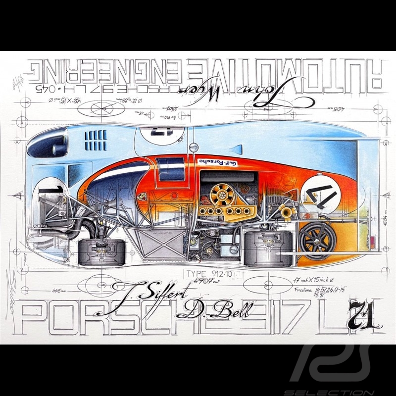 Porsche 917 LH JWA Gulf n° 17 Le Mans 1971 Original Zeichnung von Sébastien Sauvadet Porsche 917 LH JWA Gulf n° 17 Le Mans 1971 Original Zeichnung von Sébastien Sauvadet