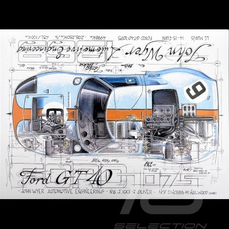 Ford GT40 Mk II JWA Gulf n° 6 24h Le Mans 1969 Shelby American﻿ original drawing by Sébastien Sauvadet