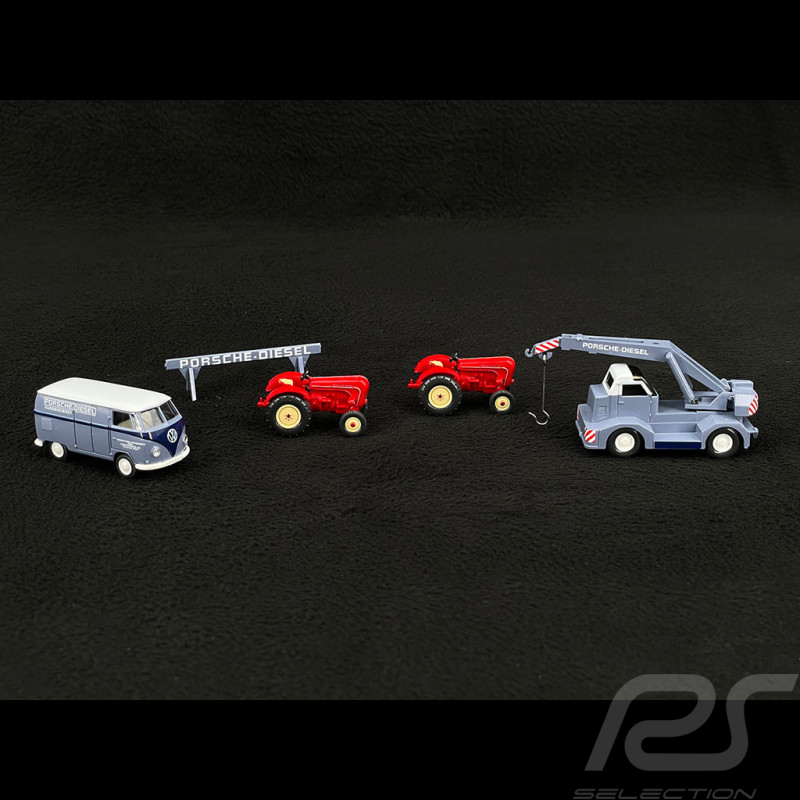 Set Porsche Diesel Schlepper 1956-1963 mit Demag Ladekran VW T1 Kastenwagen und Sperrschranke 1/87 Wiking 099095