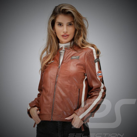 Veste Cuir Gulf Racing Classique Pilote Cognac - Femme