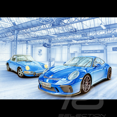 Carte postale Porsche 911 G & Porsche 991 Garage Bleu François Bruère - CP208
