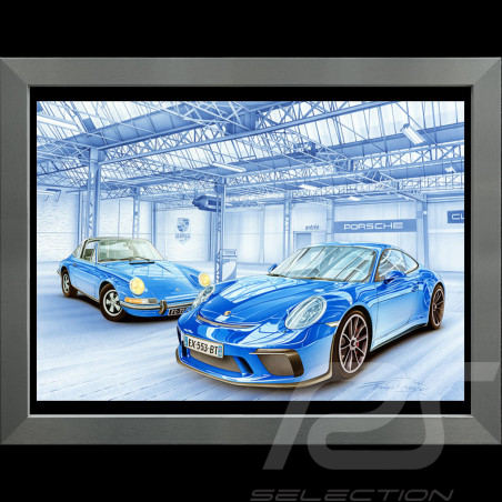 Porsche Poster 911 G & Porsche 991 Blue Garage Aluminium frame François Bruère - VA156