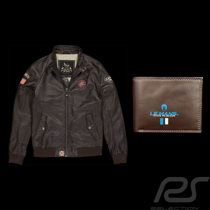 Duo Veste Cuir Steve McQueen 24H Du Mans + Portefeuille Steve McQueen Le Mans Compact Cuir Marron