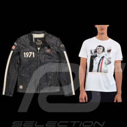 Duo Lederjacke Steve McQueen 24H Du Mans + 	McQueen T-shirt "The Man In Le Mans" Victory weiß