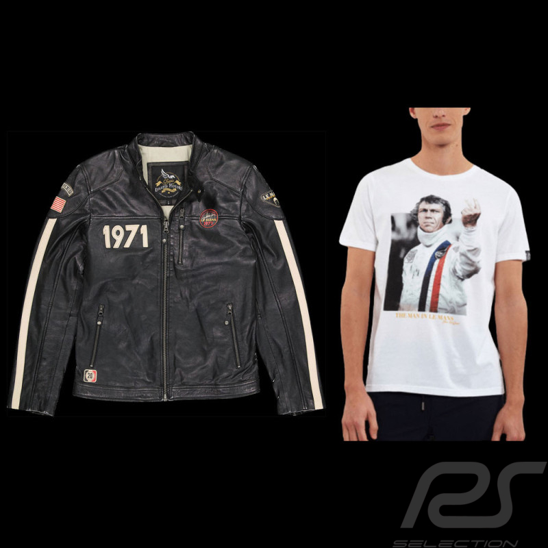 Duo Lederjacke Steve McQueen 24H Du Mans + 	McQueen T-shirt "The Man In Le Mans" Victory weiß