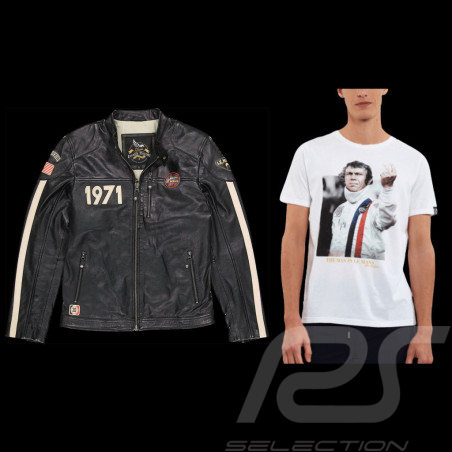 Duo Lederjacke Steve McQueen 24H Du Mans + 	McQueen T-shirt "The Man In Le Mans" Victory weiß