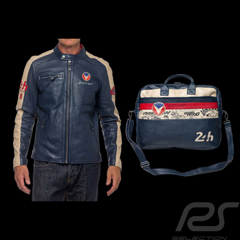 Duo Lederjacke 24h Le Mans Jacke Michel Vaillant Royalblau + 24h Le Mans Umhängetasche Michel Vaillant Leder Royalblau