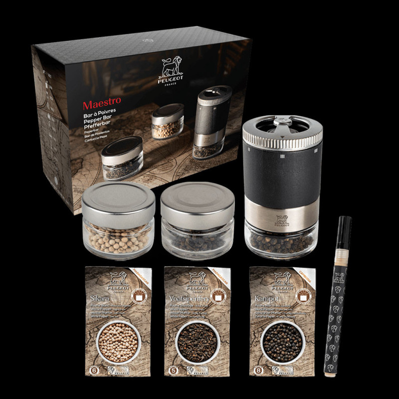 Pepper Bar Set Peugeot Maestro Pepper mill 11 cm + 3 peppers Kampot