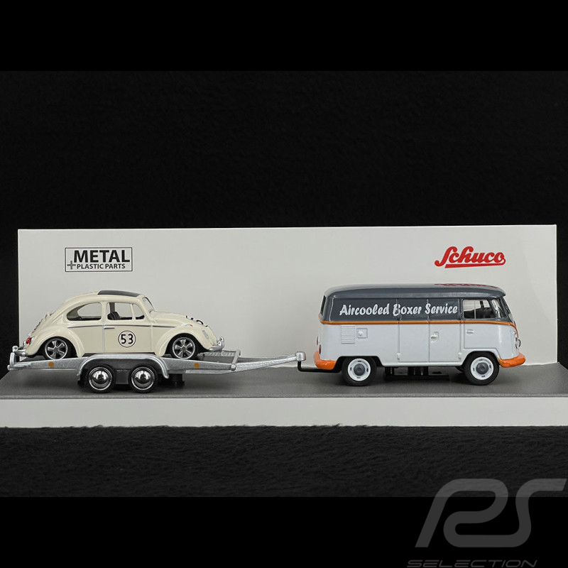 Volkswagen Bulli Transporter T1b mit Herbie auf Anhänger Elfenbein / Grau 1/64 Schuco 452033400