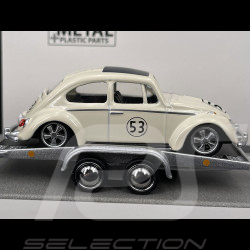 Volkswagen Bulli Transporter T1b mit Herbie auf Anhänger Elfenbein / Grau 1/64 Schuco 452033400
