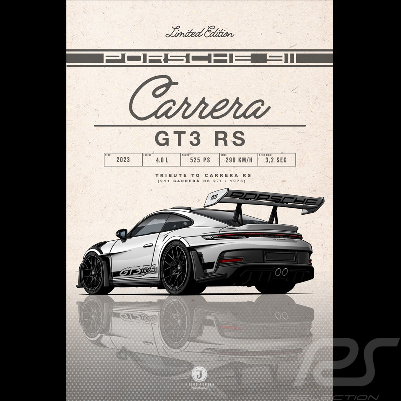 Porsche Plakat 911 GT3 RS Type 992 2023 Eisgrau / Schwarz Streifen  Drückplatte auf Aluminium Dibond 40 x 60 cm Helge Jepsen