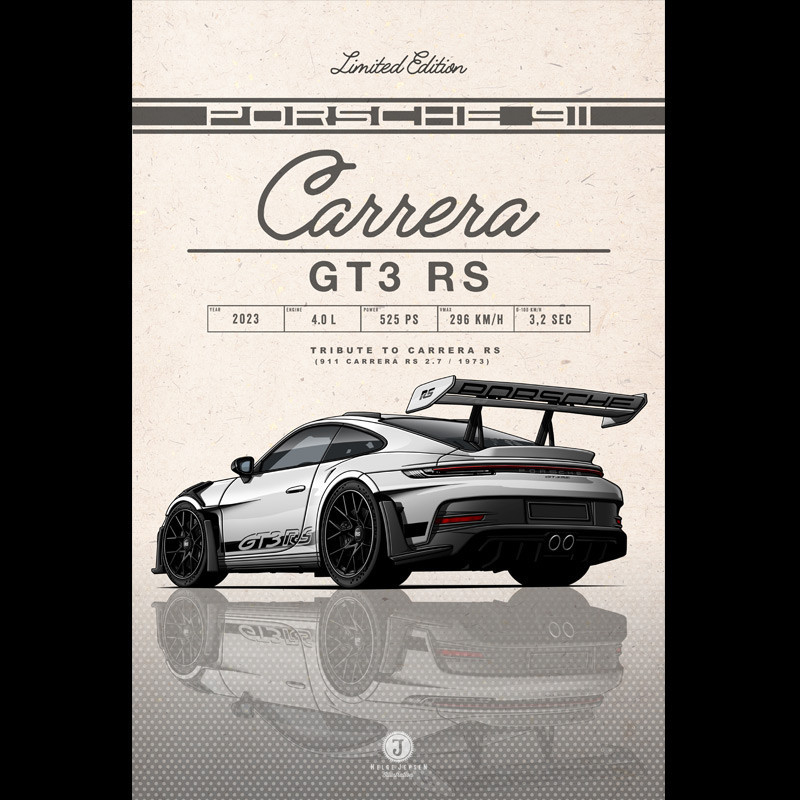 Porsche Poster 911 GT3 RS Type 992 2023 Ice Grey / Black Stripes printed on  Aluminium Dibond plate 40 x 60 cm Helge Jepsen