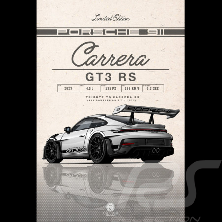 Affiche Porsche 911 GT3 RS Type 992 2023 Gris Glacé / Bandes Noires imprimée sur plaque Aluminium Dibond 40 x 60 cm Helge Jepsen
