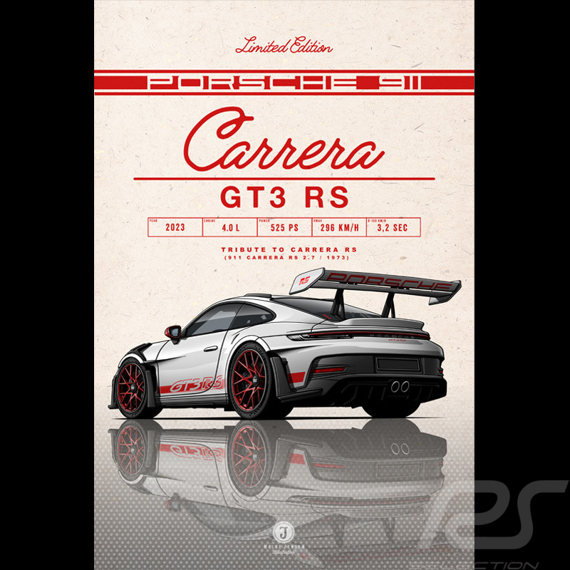 Affiche Porsche 911 GT3 RS Type 992 2023 Gris Glacé / Bandes Rouge Pyro sur plaque Aluminium Dibond 40 x 60 cm Helge Jepsen