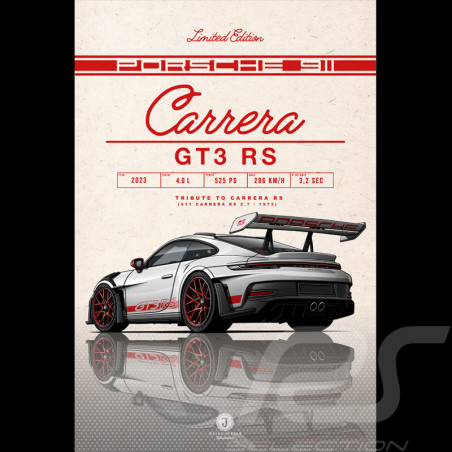 Plakat Porsche 911 GT3 RS Type 992 2023 Eisgrau / Pyrorot Streifen Drückplatte auf Aluminium Dibond 40 x 60 cm Helge Jepsen