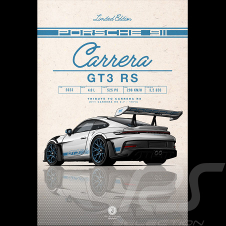 Plakat Porsche 911 GT3 RS Type 992 2023 Eisgrau / Indigoblau Streifen Drückplatte auf Aluminium Dibond 40 x 60 cm Helge Jepsen