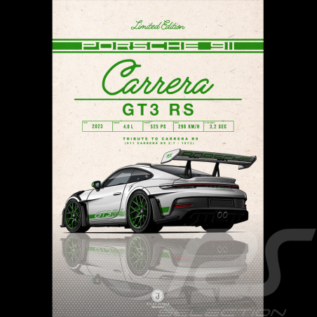 Affiche Porsche 911 GT3 RS Type 992 2023 Gris Glacé / Bandes Vert Python sur plaque Aluminium Dibond 40 x 60 cm Helge Jepsen