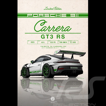 Affiche Porsche 911 GT3 RS Type 992 2023 US Version Gris Glacé / Bandes Vert Python Aluminium Dibond 40 x 60 cm Helge Jepsen