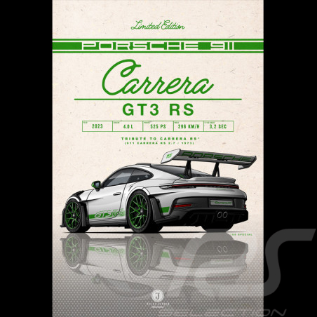 Poster Porsche 911 GT3 RS Type 992 2023 US Version Ice Grey / Python Green Stripes Dibond plate 40 x 60 cm Helge Jepsen