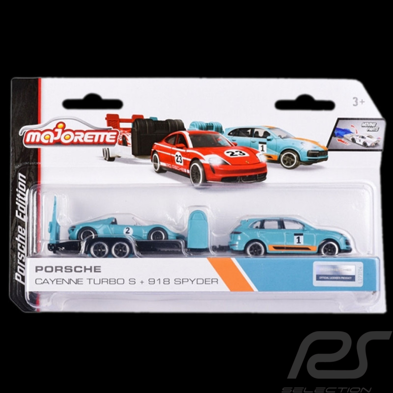 Porsche 918 Spyder auf Anhänger + Porsche Cayenne Turbo S Gulf 1/59 Majorette 212053112