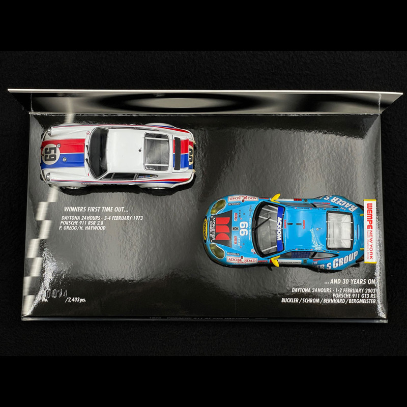 Duo Porsche 911 RSR 2.8 n° 59 + Porsche 911 GT3 RS Type 996 n° 66 Winner  24h Daytona 1973 & 2003 1/43 Minichamps 402036996