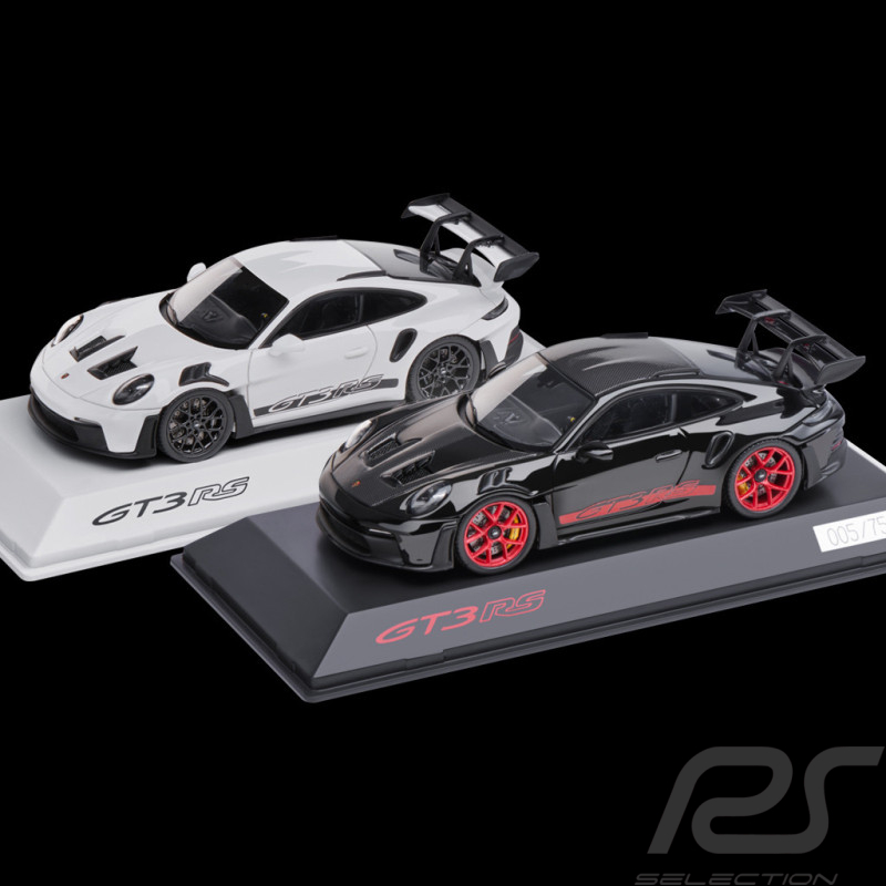 Duo Porsche 911 GT3 RS Type 992 2023 White Weiß Schwarze Streifen / Schwarz Pyrorot Streifen 1/43 Spark