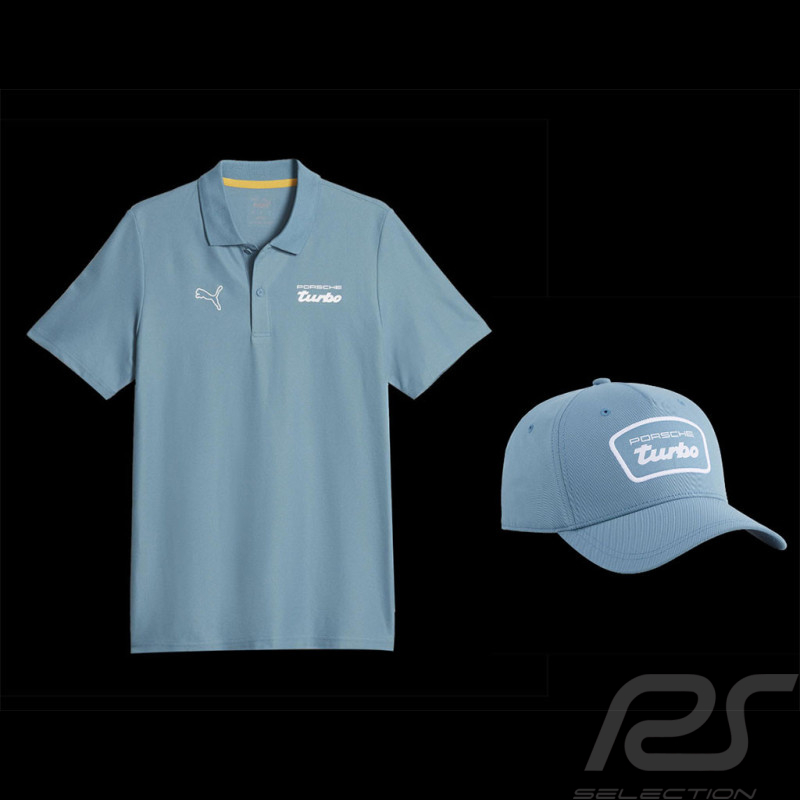 Duo Porsche Poloshirt Turbo Puma + Porsche Kappe Turbo Hellblau