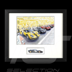 Trio Ford GT40 & Duo Ferrari 330P3 24h Le Mans 1966 25 x 30 cm Black wood frame Limited edition Uli Ehret - 0603