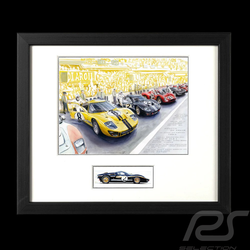 Trio Ford GT40 & Duo Ferrari 330P3 24h Le Mans 1966 25 x 30 cm Black wood frame Limited edition Uli Ehret - 0603
