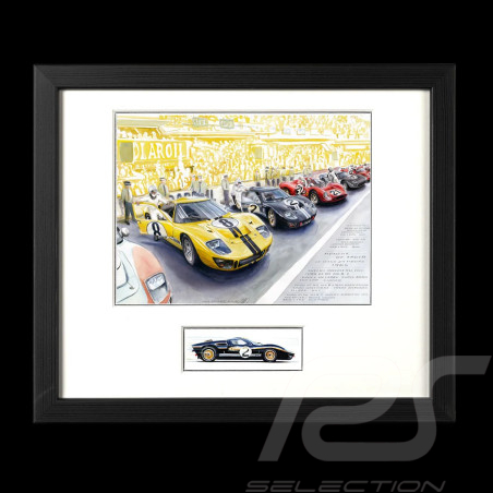 Trio Ford GT40 & Duo Ferrari 330P3 24h Le Mans 1966 25 x 30 cm cadre bois Noir avec esquisse Edition limitée Uli Ehret - 0603