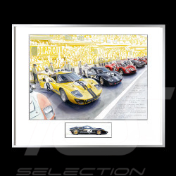 Trio Ford GT40 & Duo Ferrari 330P3 24h Le Mans 1966 40 x 50 cm cadre bois Argent avec esquisse Edition limitée Uli Ehret - 0603