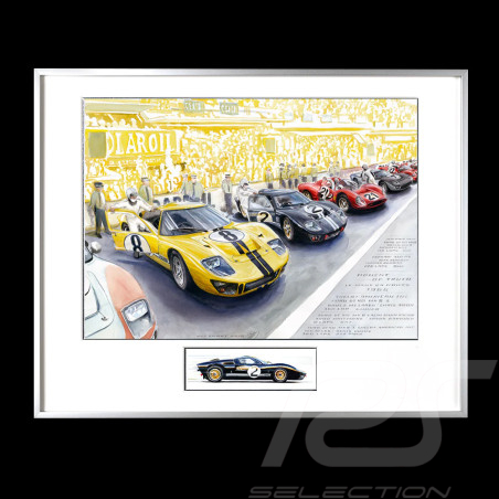 Trio Ford GT40 & Duo Ferrari 330P3 24h Le Mans 1966 40 x 50 cm Silver wood frame Limited edition Uli Ehret - 0603