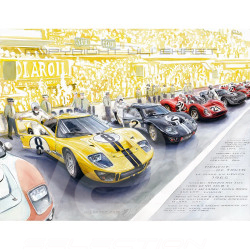 Trio Ford GT40 & Duo Ferrari 330P3 24h Le Mans 1966 40 x 50 cm cadre bois Argent avec esquisse Edition limitée Uli Ehret - 0603