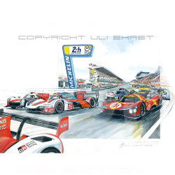 Porsche 963 Ferrari 499P Peugeot 9X8 24h Le Mans 2023 40 x 50 cm cadre bois Argent Edition limitée Uli Ehret - 1102