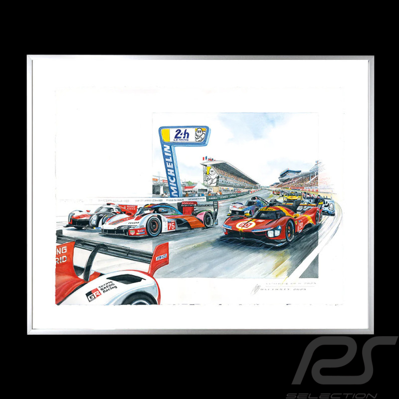 Porsche 963 Ferrari 499P Peugeot 9X8 24h Le Mans 2023 40 x 50 cm cadre bois Argent Edition limitée Uli Ehret - 1102