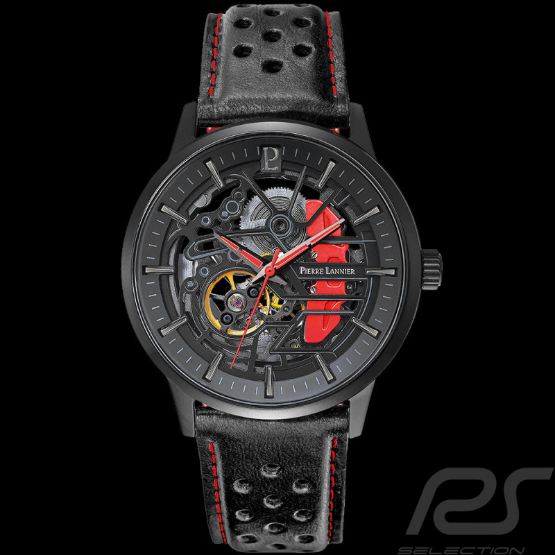 Automatic Watch Pierre Lannier Paddock Made in France Leather bracelet Black / Red 338A433