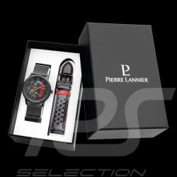 Automatikuhr Pierre Lannier Koffer Paddock Hergestellt in Frankreich Leder- oder Stahlarmband Schwarz / Rot 385C439