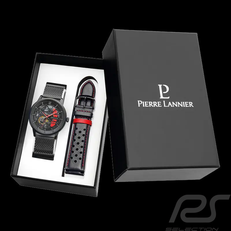Set Automatic Watch Pierre Lannier Paddock Made in France Leather or Metal bracelet Black / Red 385C439