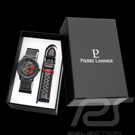 Automatikuhr Pierre Lannier Koffer Paddock Hergestellt in Frankreich Leder- oder Stahlarmband Schwarz / Rot 385C439