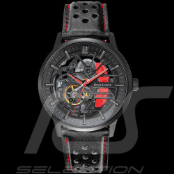 Set Automatic Watch Pierre Lannier Paddock Made in France Leather or Metal bracelet Black / Red 385C439