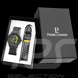 Set Automatic Watch Pierre Lannier Paddock Made in France Leather or Metal bracelet Black / Yellow 385C449