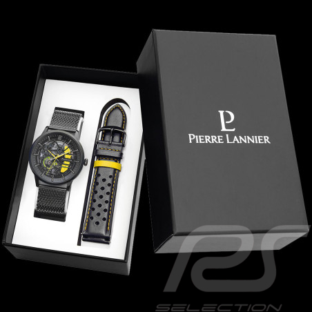 Set Automatic Watch Pierre Lannier Paddock Made in France Leather or Metal bracelet Black / Yellow 385C449