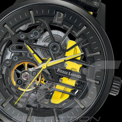 Set Automatic Watch Pierre Lannier Paddock Made in France Leather or Metal bracelet Black / Yellow 385C449