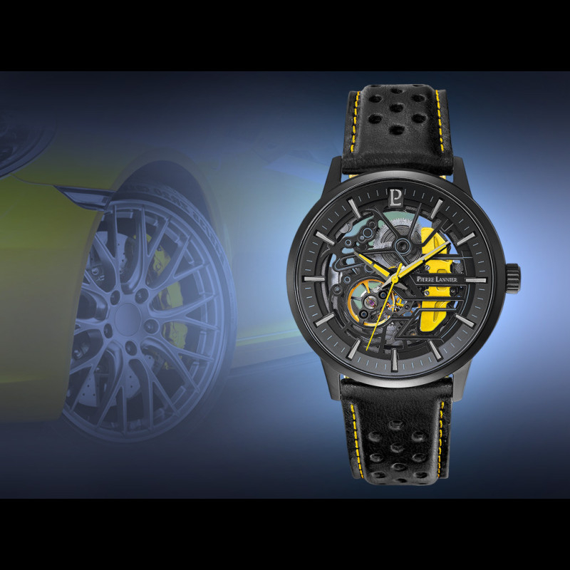 Montre Homme PADDOCK Cadran Noir Bracelet Cuir Perforé Noir 338A433 | Pierre Lannier