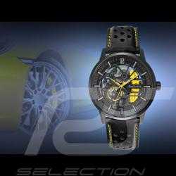 Set Automatic Watch Pierre Lannier Paddock Made in France Leather or Metal bracelet Black / Yellow 385C449