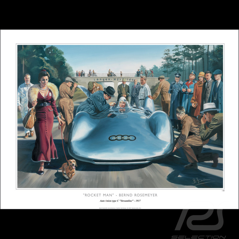 Poster Auto-Union V16 Stromlinienwagen Bernd Rosemeyer 1937 original drawing by Benjamin Freudenthal